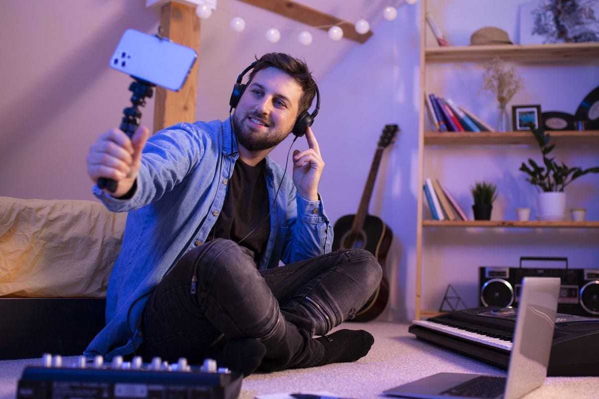 Twórca w słuchawkach nagrywa się telefonem na gimbalu